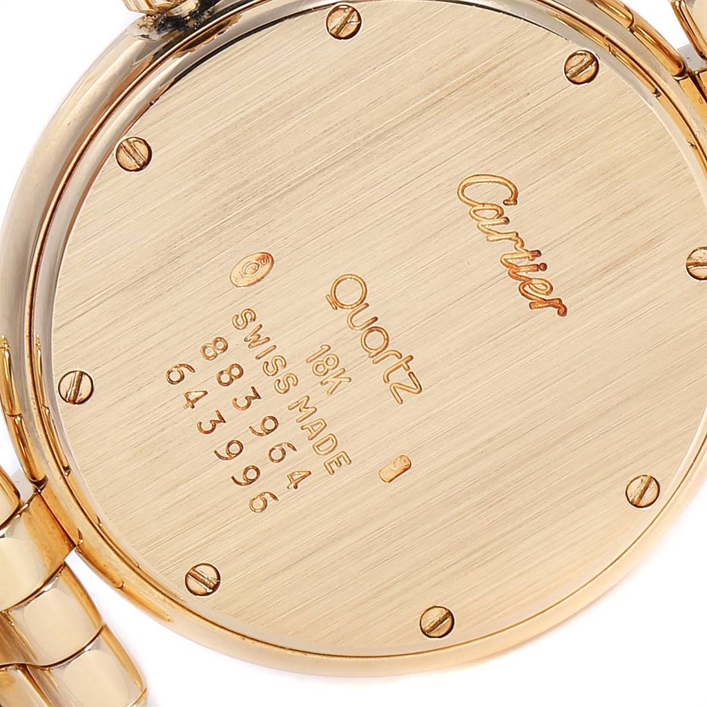 The image shows the back case of a Panthère model by Cartier, highlighting its engravings and screws.