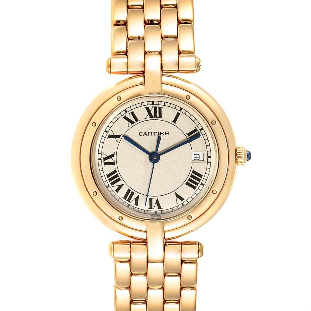 The image shows a Cartier Panthere 883964 Women's Yellow Gold Silver Dial 883964 Women's Yellow Gold Silver Dial model watch from a front view, highlighting the dial, bezel, and part of the bracelet.