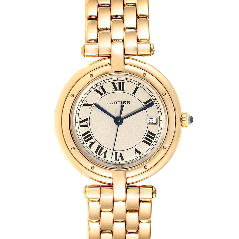 The image shows a Cartier Panthere model watch from a front view, highlighting the dial, bezel, and part of the bracelet.