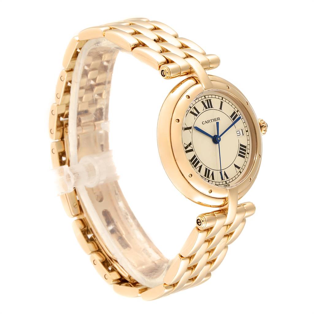 The Cartier Panthere 883964 Women's Yellow Gold Silver Dial 883964 Women's Yellow Gold Silver Dial watch is shown at a three-quarter angle, highlighting its gold band, round face, and Roman numeral dial.