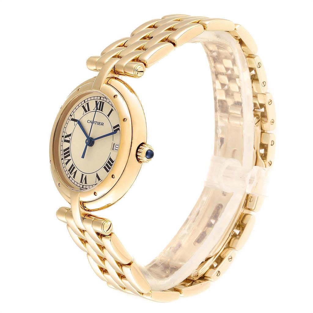 This image shows a side view of a Cartier Panthere 883964 Women's Yellow Gold Silver Dial 883964 Women's Yellow Gold Silver Dial watch, featuring its gold bracelet and Roman numeral dial.
