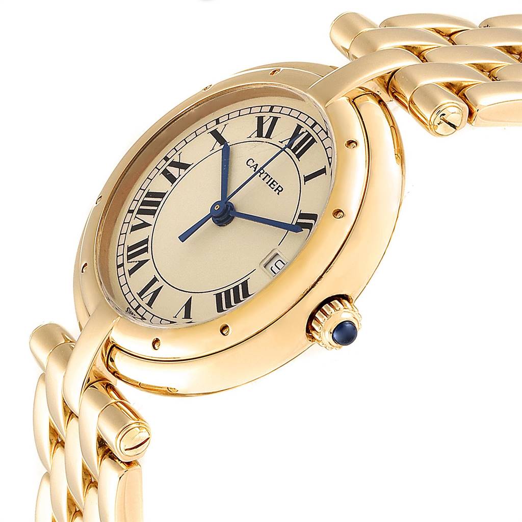 The image shows a side angle of the Cartier Panthere 883964 Women's Yellow Gold Silver Dial 883964 Women's Yellow Gold Silver Dial watch highlighting its face, roman numerals, bracelet, and crown.