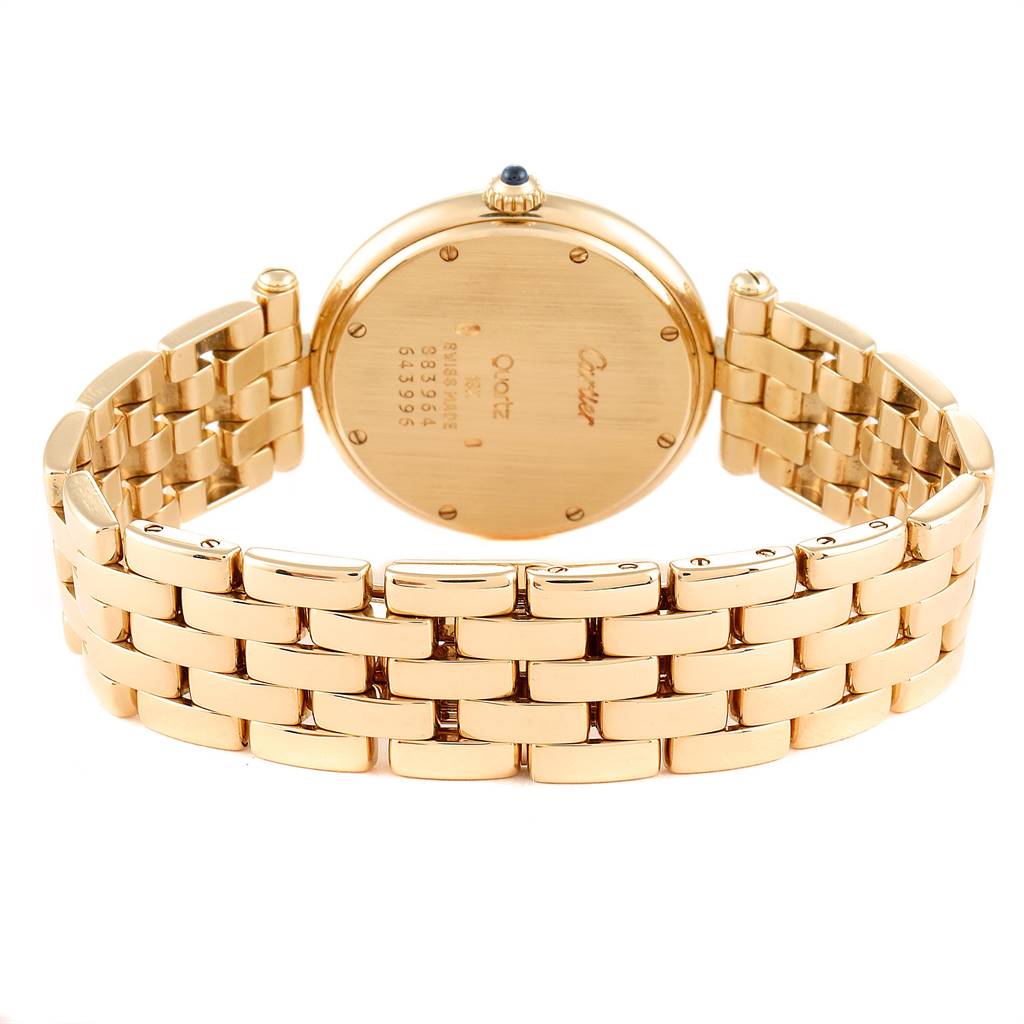 The image shows the back view of a Cartier Panthere 883964 Women's Yellow Gold Silver Dial 883964 Women's Yellow Gold Silver Dial model watch, highlighting its gold bracelet and case back.