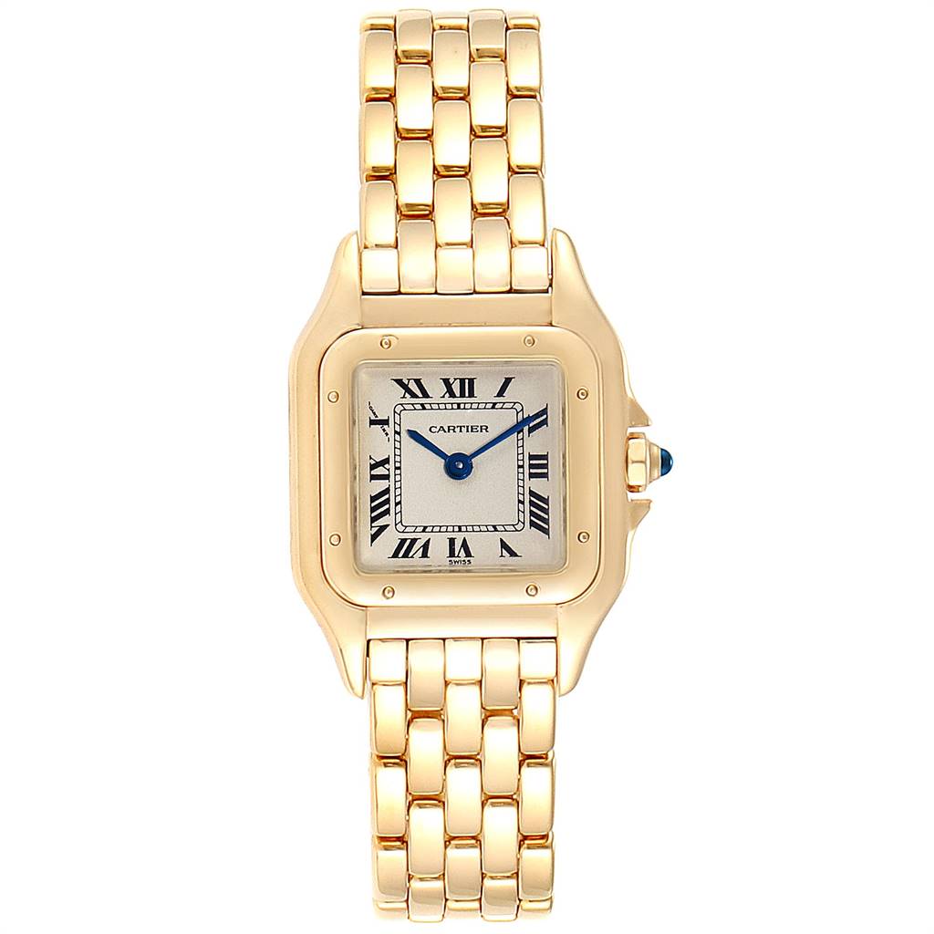 The image shows a front view of a Cartier Panthere W25022B9 Women's Yellow Gold Silver Dial W25022B9 Women's Yellow Gold Silver Dial watch, highlighting its gold case, Roman numeral dial, and linked bracelet.