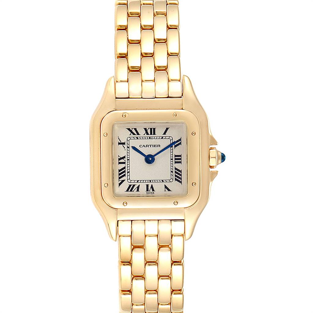 The image shows a front view of the Cartier Panthere W25022B9 Women's Yellow Gold Silver Dial W25022B9 Women's Yellow Gold Silver Dial watch, highlighting its gold bracelet, square face, and Roman numeral dial.