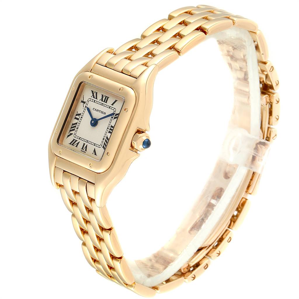 The image shows a Cartier Panthere W25022B9 Women's Yellow Gold Silver Dial W25022B9 Women's Yellow Gold Silver Dial watch at a slight angle, displaying the face, bezel, crown, and bracelet.