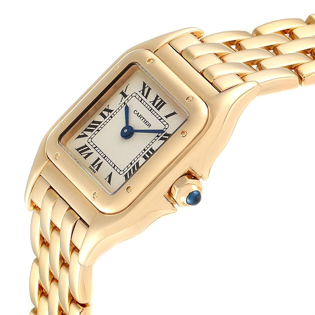This image shows a side angle of a Cartier Panthere W25022B9 Women's Yellow Gold Silver Dial W25022B9 Women's Yellow Gold Silver Dial watch, highlighting its gold case, Roman numeral dial, and bracelet.