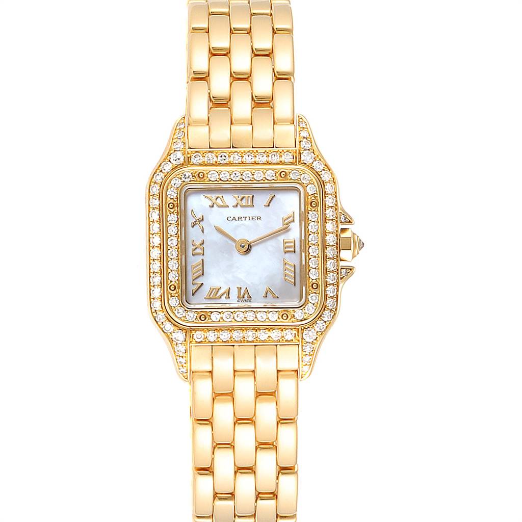 The image shows a front view of the Cartier Panthere Women's Yellow Gold Mother of Pearl Dial Women's Yellow Gold Mother of Pearl Dial watch, featuring a gold bracelet, diamond bezel, and Roman numeral dial.