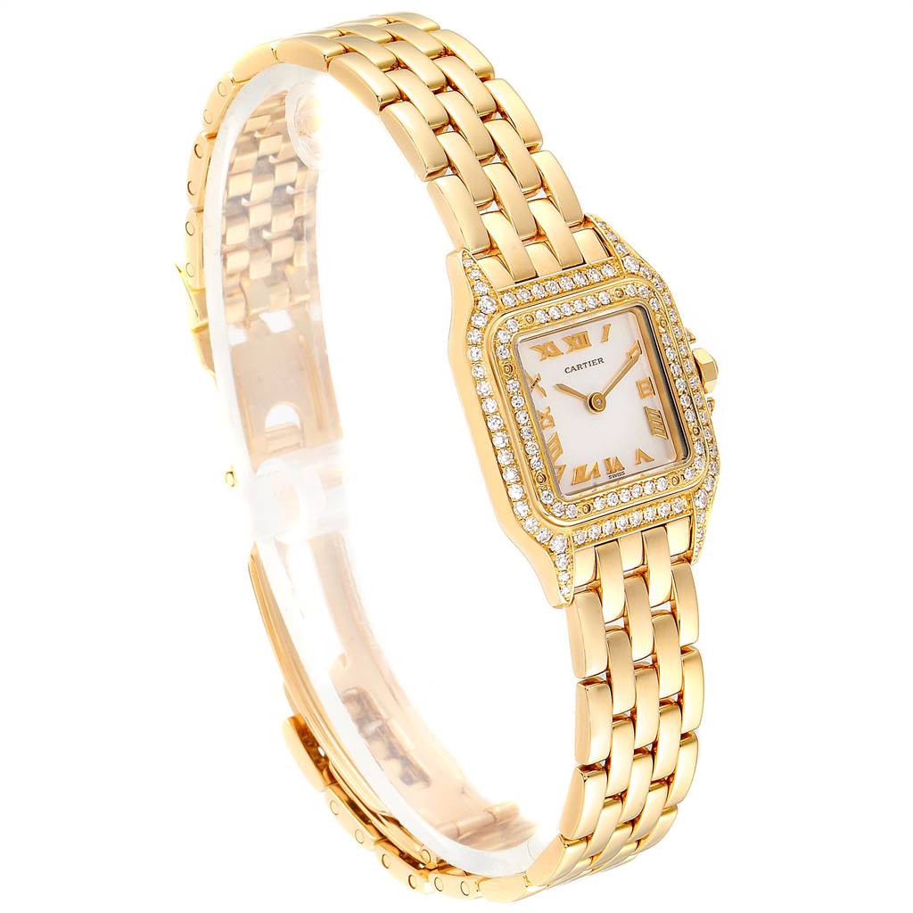 The image shows a Cartier Panthere Women's Yellow Gold Mother of Pearl Dial Women's Yellow Gold Mother of Pearl Dial model watch in a gold tone, displaying the bracelet, bezel, and face at a slight angle.