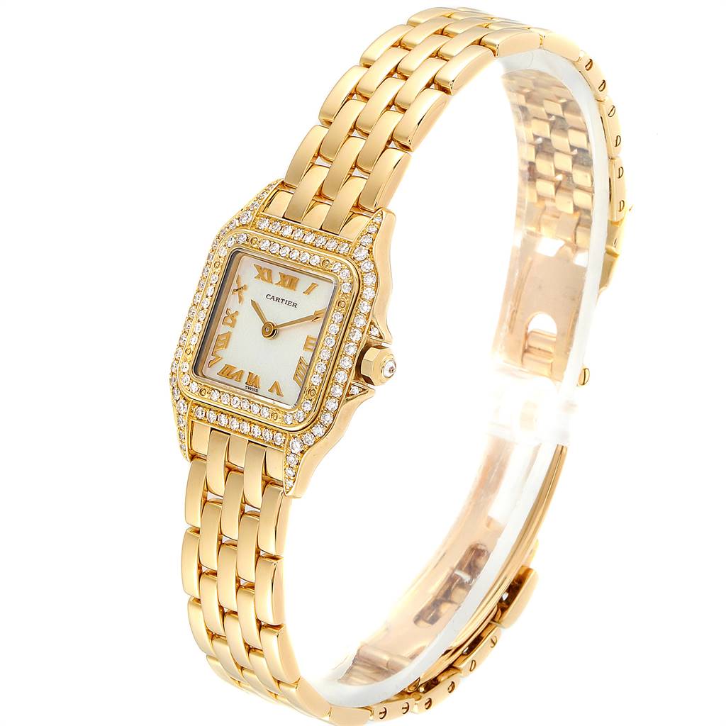 The image shows a Cartier Panthere Women's Yellow Gold Mother of Pearl Dial Women's Yellow Gold Mother of Pearl Dial model watch, angled to display its face, bracelet, and diamond-studded bezel.