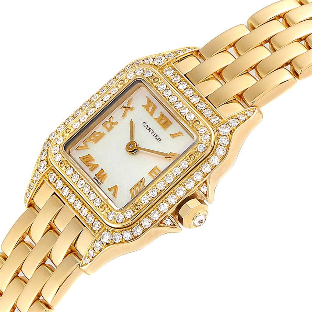 The image shows a Cartier Panthère watch at an angle highlighting its face, bezel, and part of the gold bracelet.
