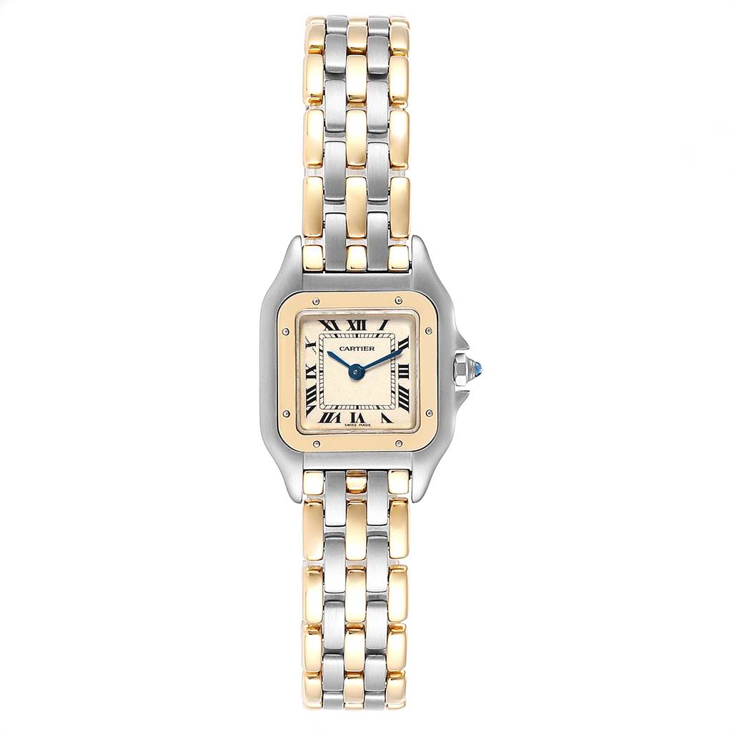 This image shows a Panthere model watch by Cartier from a top-down angle, highlighting its two-tone bracelet and square face.