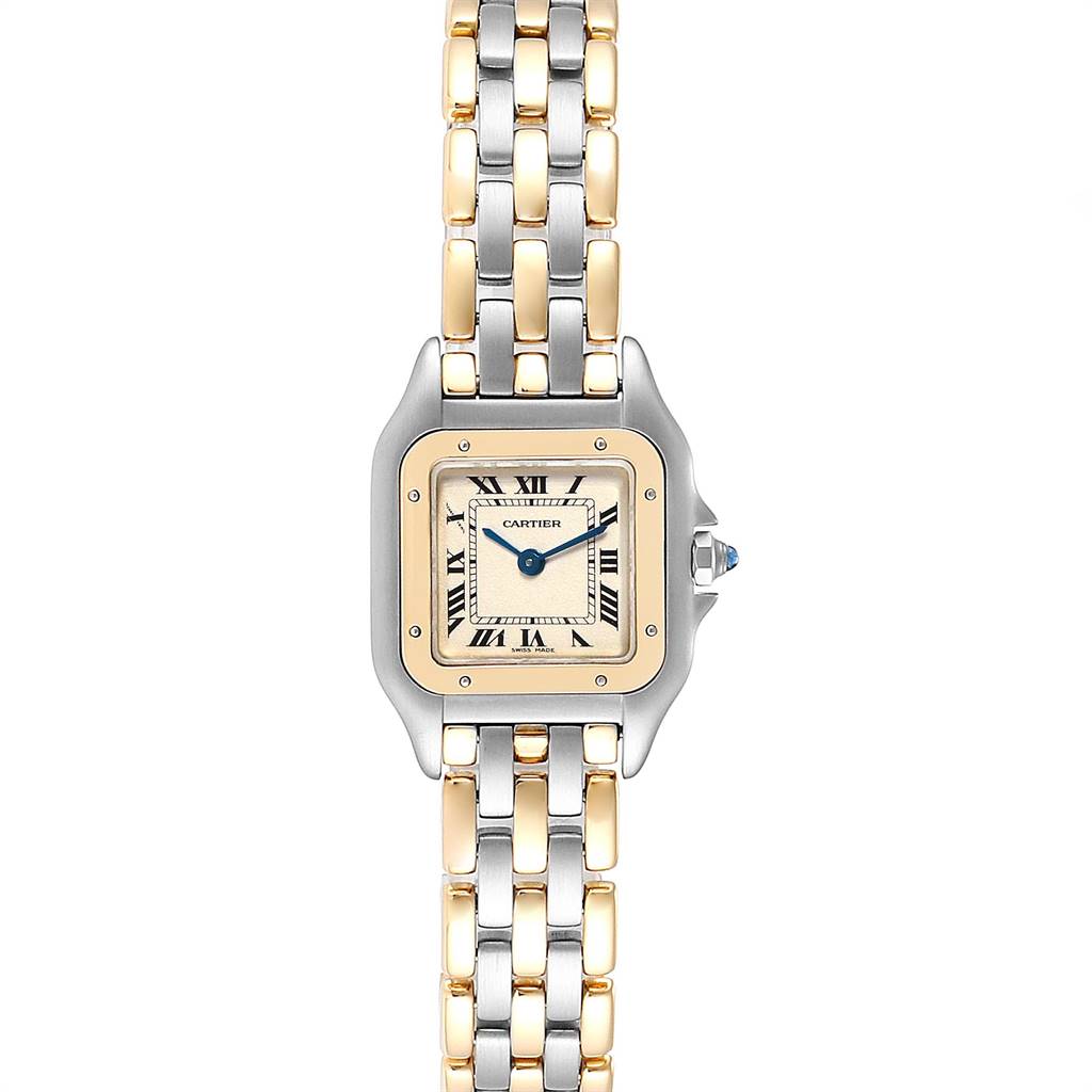 This image shows a Cartier Panthere W25029B6 Women's Stainless Steel Beige Dial W25029B6 Women's Stainless Steel Beige Dial watch from the front, highlighting its two-tone bracelet and square face.