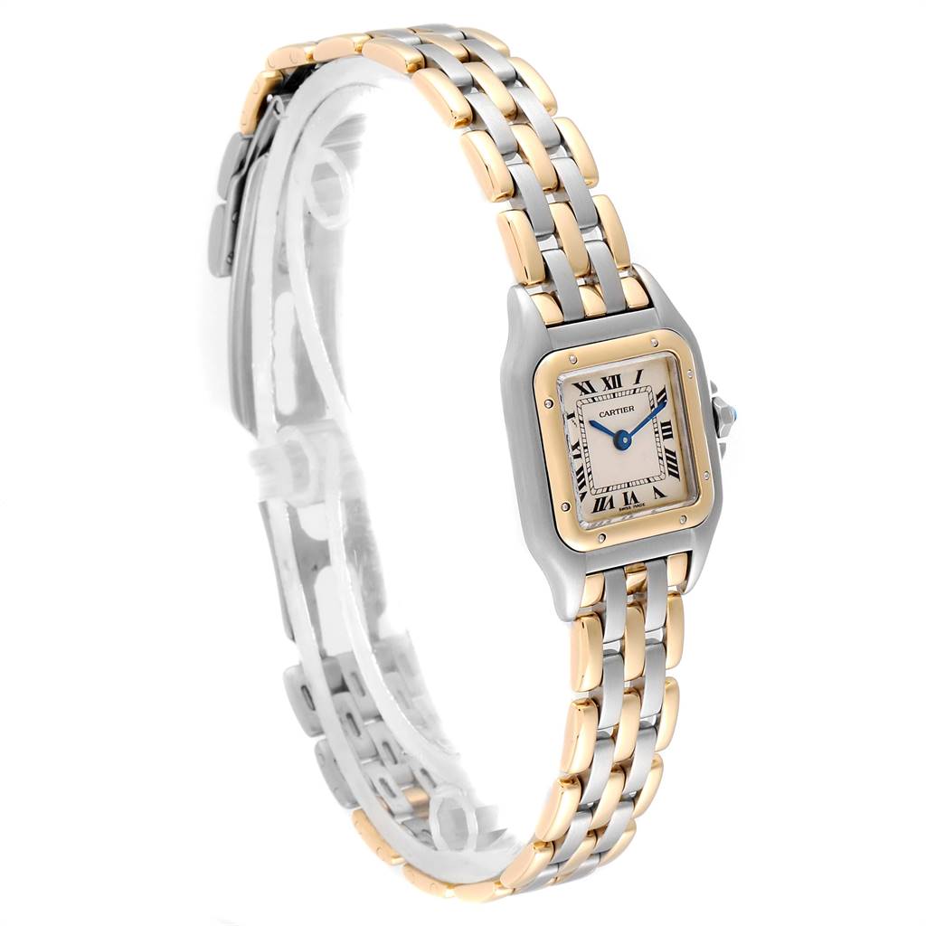 The image shows a side view of the Cartier Panthere W25029B6 Women's Stainless Steel Beige Dial W25029B6 Women's Stainless Steel Beige Dial watch, highlighting its two-tone bracelet and square face with Roman numeral markers.