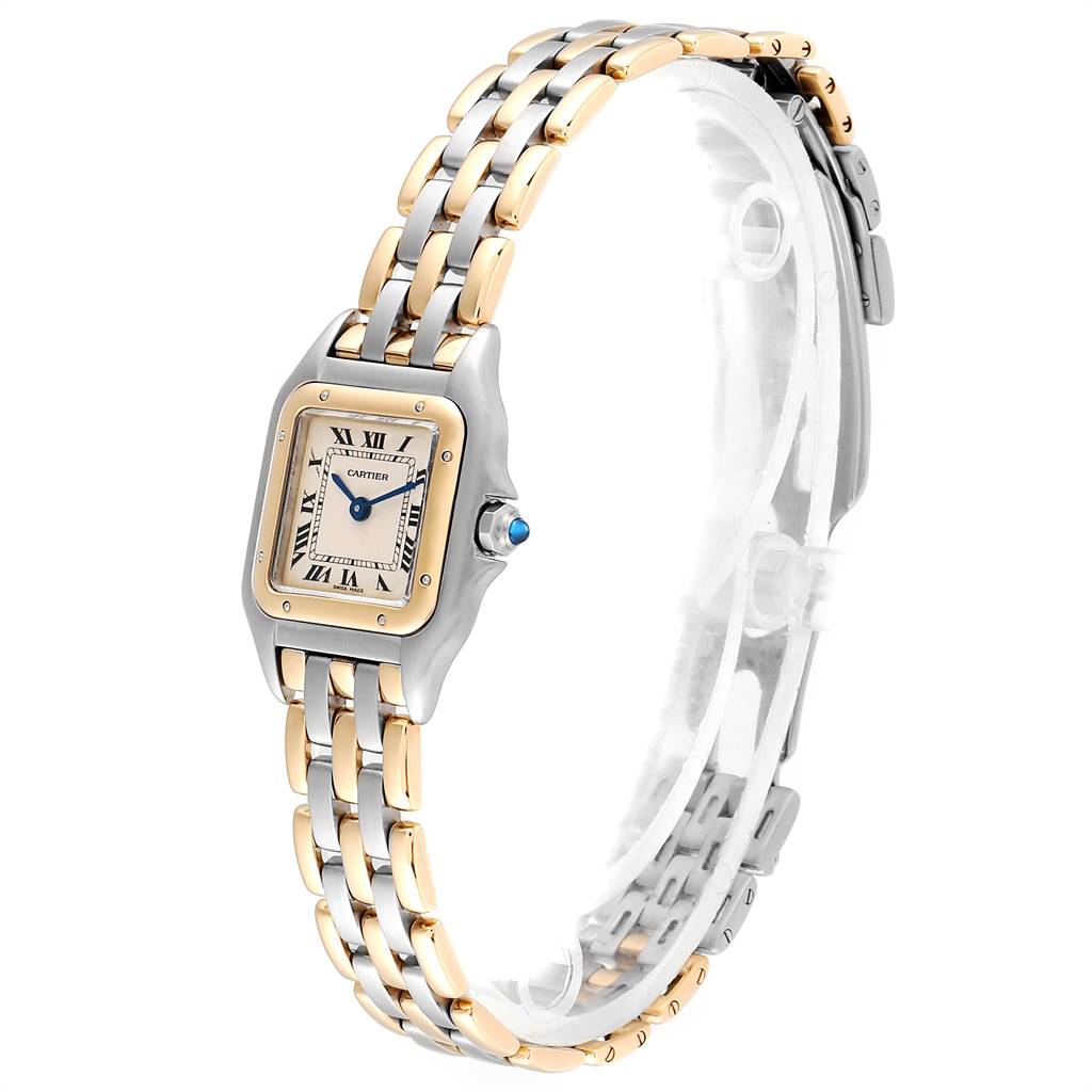 The image shows a Cartier Panthere W25029B6 Women's Stainless Steel Beige Dial W25029B6 Women's Stainless Steel Beige Dial watch at a slightly angled side view, highlighting its face, bezel, and two-tone bracelet.