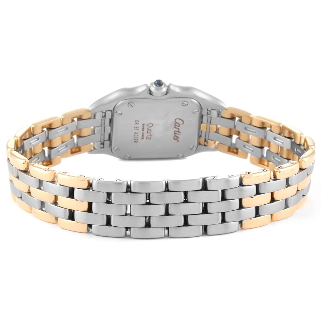 This image shows the back of the Cartier Panthere W25029B6 Women's Stainless Steel Beige Dial W25029B6 Women's Stainless Steel Beige Dial watch, highlighting the metal case and two-toned bracelet.