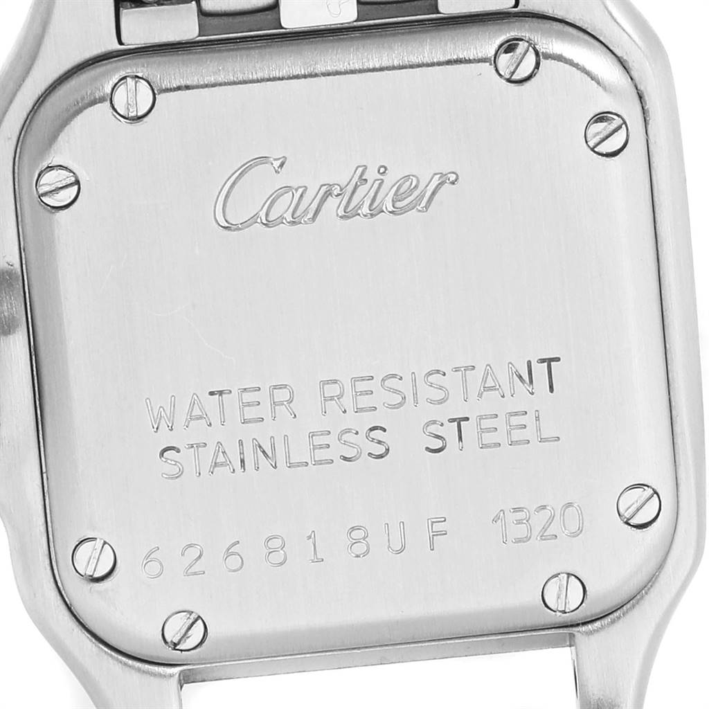 This image shows the back casing of a Cartier Panthere W25033P5 Women
s Stainless Steel Silver Dial W25033P5 Women
s Stainless Steel Silver Dial watch, highlighting its water resistance and stainless steel construction.