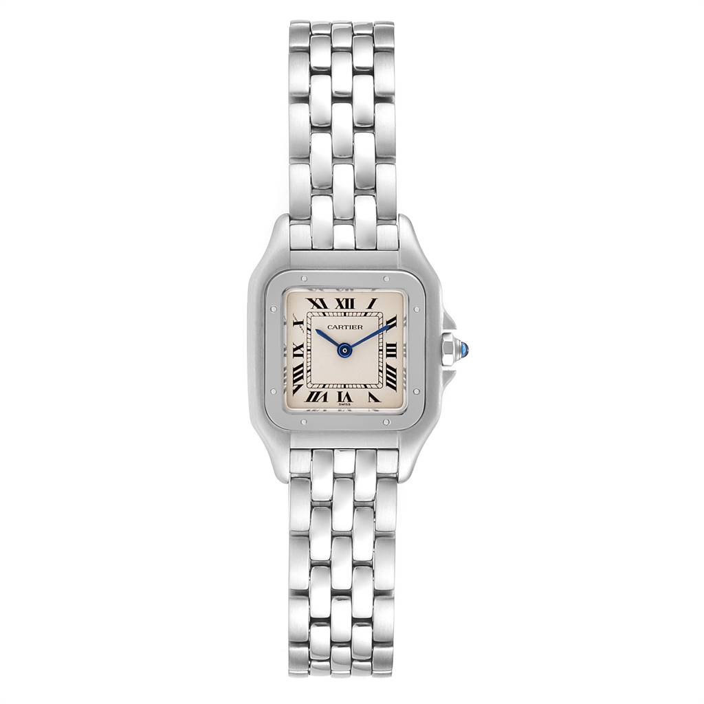 This image shows a full front view of the Cartier Panthere W25033P5 Women
s Stainless Steel Silver Dial W25033P5 Women
s Stainless Steel Silver Dial model watch, displaying its face and entire metal band.