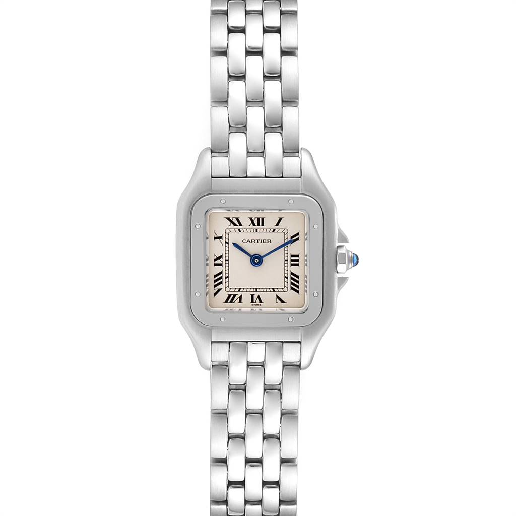 This image shows a front view of the Cartier Panthere W25033P5 Women
s Stainless Steel Silver Dial W25033P5 Women
s Stainless Steel Silver Dial watch, highlighting its square face, Roman numerals, and metal bracelet.