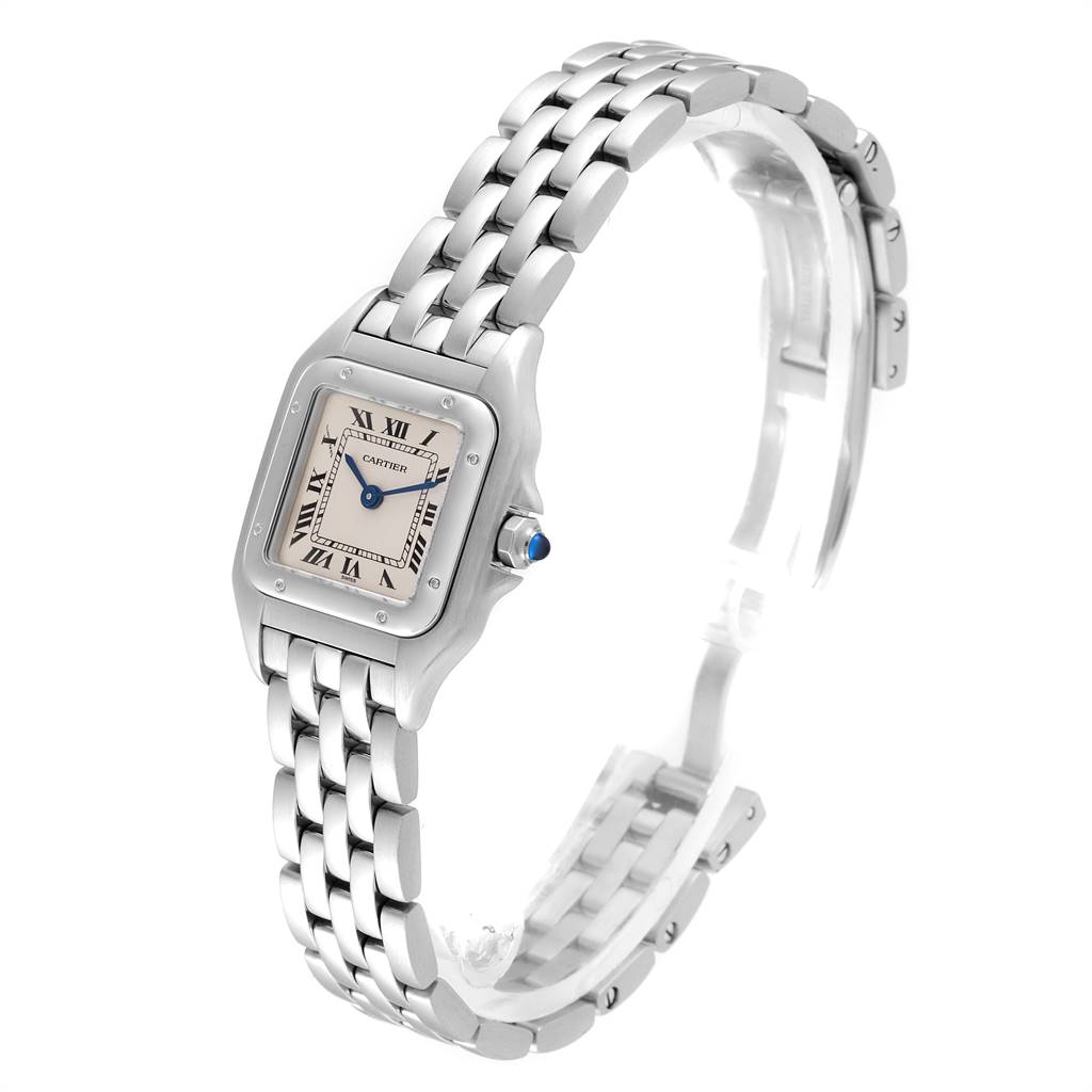 This image shows a Cartier Panthere W25033P5 Women
s Stainless Steel Silver Dial W25033P5 Women
s Stainless Steel Silver Dial watch from a three-quarter angle, highlighting the face, bracelet, and crown.