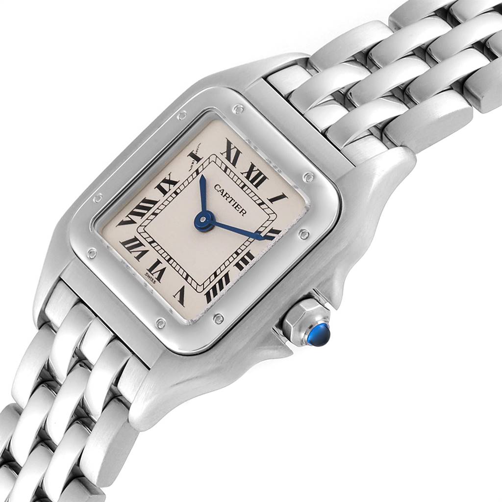 The image shows a close-up of the face and bracelet of the Cartier Panthere W25033P5 Women
s Stainless Steel Silver Dial W25033P5 Women
s Stainless Steel Silver Dial watch, displaying Roman numerals and the blue hands.