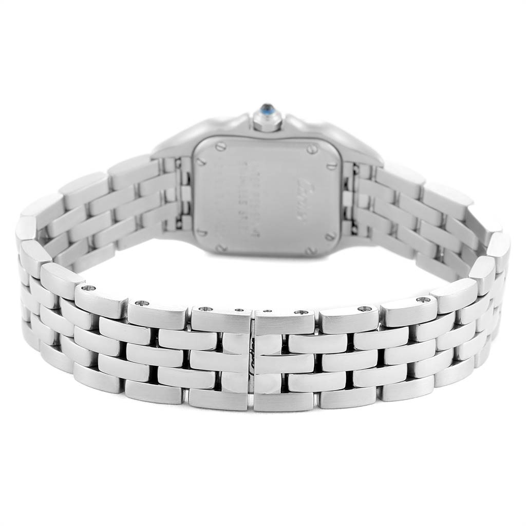 The image shows the back view of the Cartier Panthere W25033P5 Women
s Stainless Steel Silver Dial W25033P5 Women
s Stainless Steel Silver Dial watch, highlighting the watch band and case back.