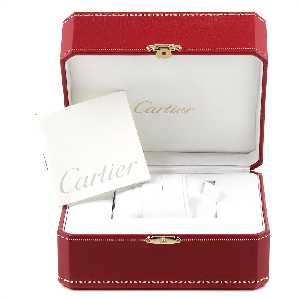 The image shows an open Cartier Panthere W25033P5 Women
s Stainless Steel Silver Dial W25033P5 Women
s Stainless Steel Silver Dial watch box with a Cartier booklet inside.