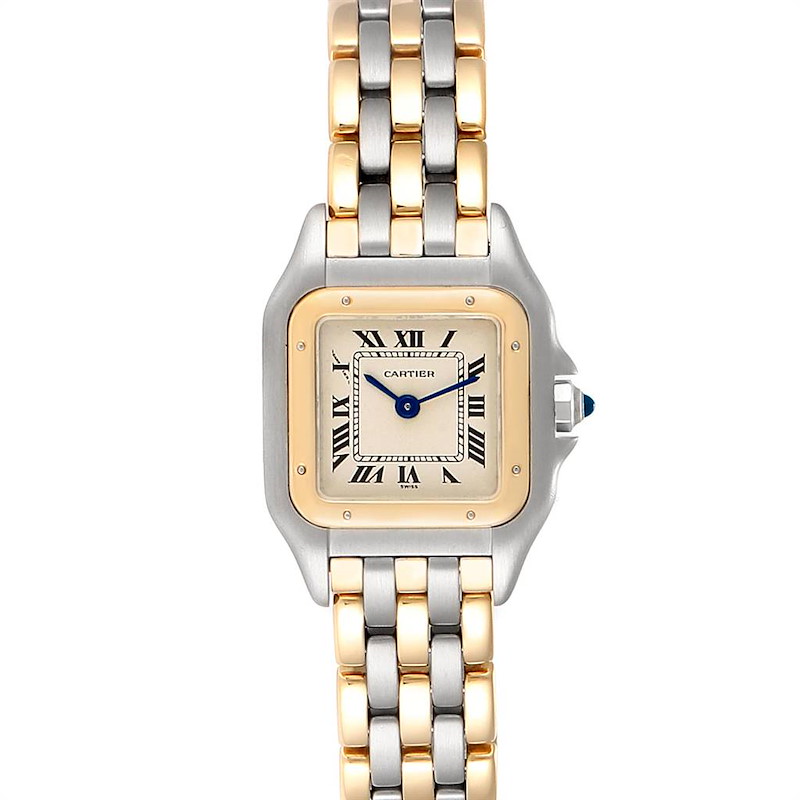 This image shows a frontal view of a Cartier Panthere watch, displaying its face, bezel, and two-tone metal bracelet.