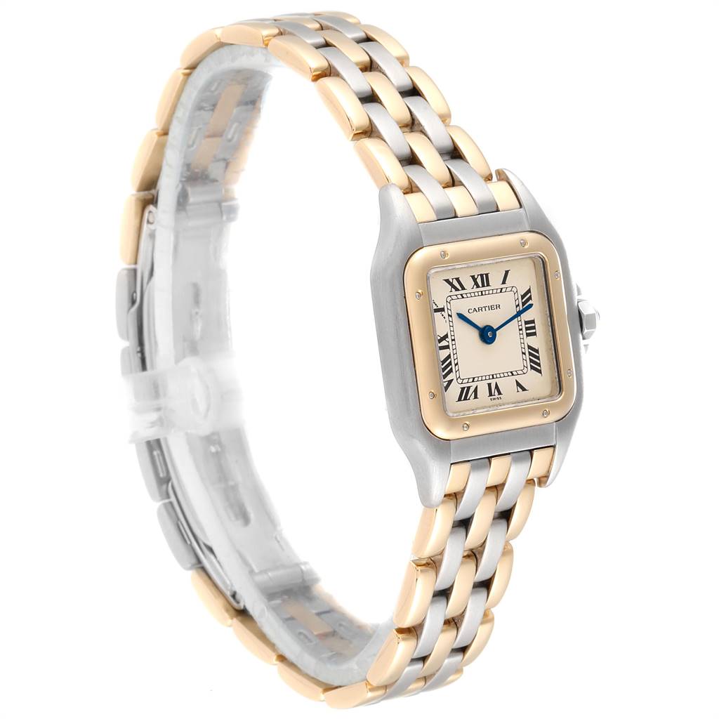 This image shows a Panthere de Cartier watch from a front angle, highlighting its two-tone bracelet and rectangular dial.