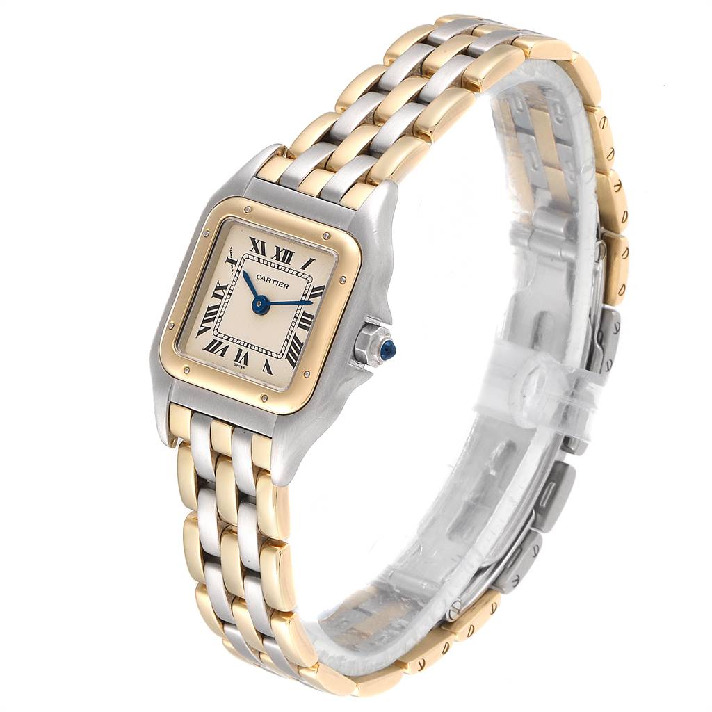 This image shows a Cartier Panthere W25029B6 Women's Stainless Steel Beige Dial W25029B6 Women's Stainless Steel Beige Dial model watch at a three-quarter angle, highlighting its face and metal bracelet.