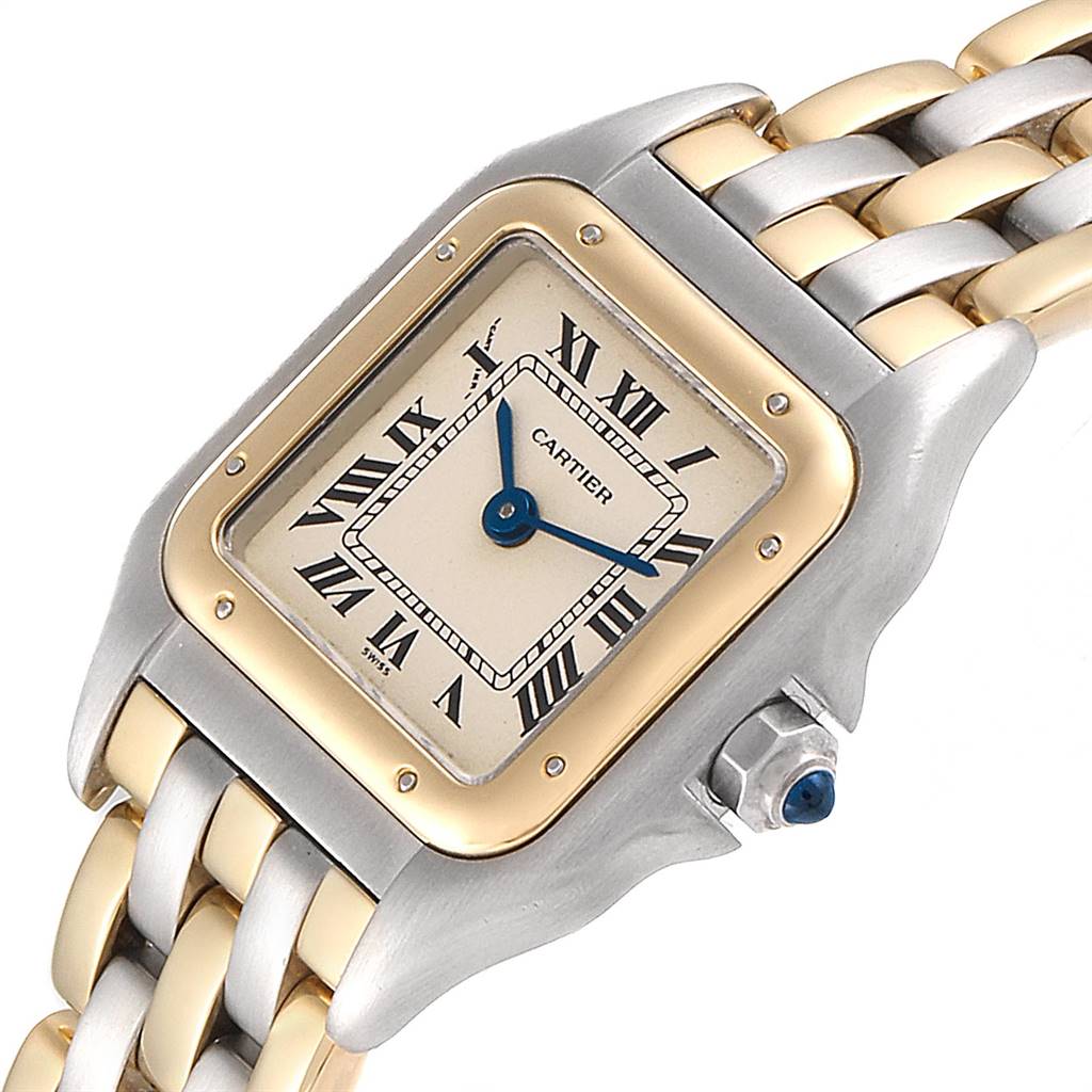 The image shows a close-up view of the Cartier Panthere W25029B6 Women's Stainless Steel Beige Dial W25029B6 Women's Stainless Steel Beige Dial watch's face, bezel, and part of its bi-metal bracelet.