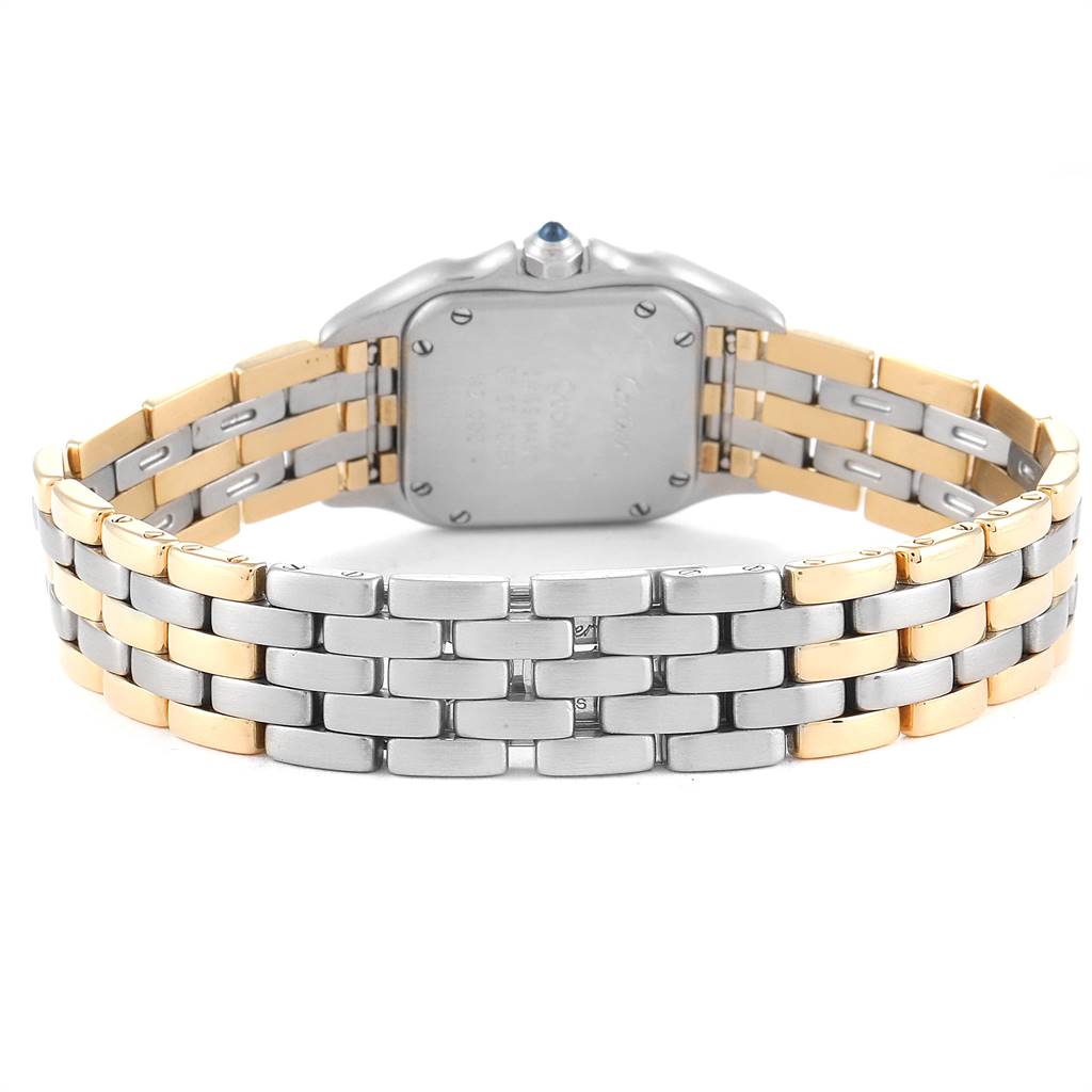 This image shows the back view of a Cartier Panthere W25029B6 Women's Stainless Steel Beige Dial W25029B6 Women's Stainless Steel Beige Dial watch, focusing on its two-tone metal bracelet and case back.