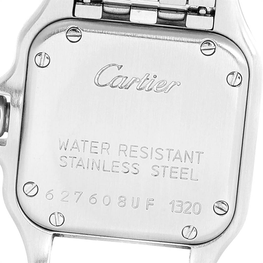 The image shows the back casing of a Cartier Panthere W25033P5 Women
s Stainless Steel Silver Dial W25033P5 Women
s Stainless Steel Silver Dial watch, including the brand engraving and water resistance details.