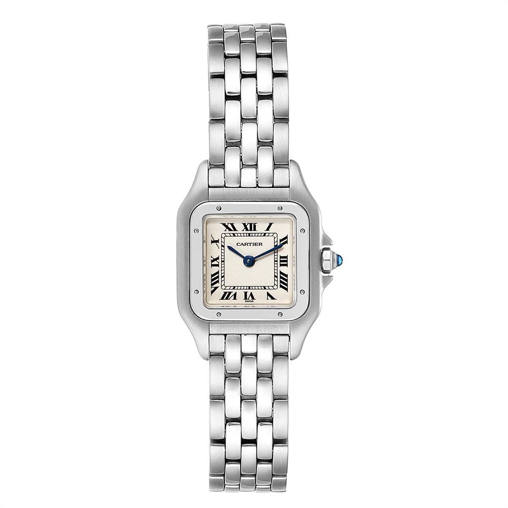 This image shows a front view of a Cartier Panthere W25033P5 Women
s Stainless Steel Silver Dial W25033P5 Women
s Stainless Steel Silver Dial model watch, highlighting its face and metal bracelet.