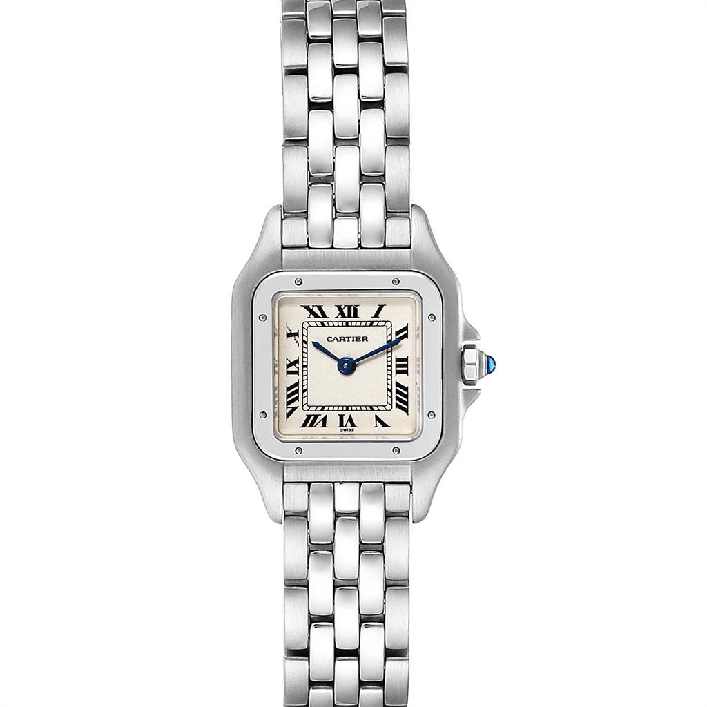 The image shows a Cartier Panthere W25033P5 Women
s Stainless Steel Silver Dial W25033P5 Women
s Stainless Steel Silver Dial watch from a top-down angle, focusing on its face and metal bracelet.