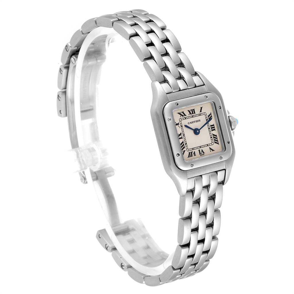 The image shows a side-angle view of a Cartier Panthere W25033P5 Women
s Stainless Steel Silver Dial W25033P5 Women
s Stainless Steel Silver Dial watch, featuring its face, bezel, and bracelet.