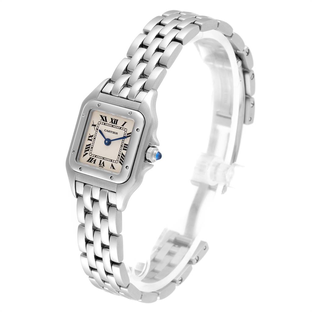 The image shows a side angle of the Cartier Panthere W25033P5 Women
s Stainless Steel Silver Dial W25033P5 Women
s Stainless Steel Silver Dial watch, highlighting the face, bezel, and metal bracelet.