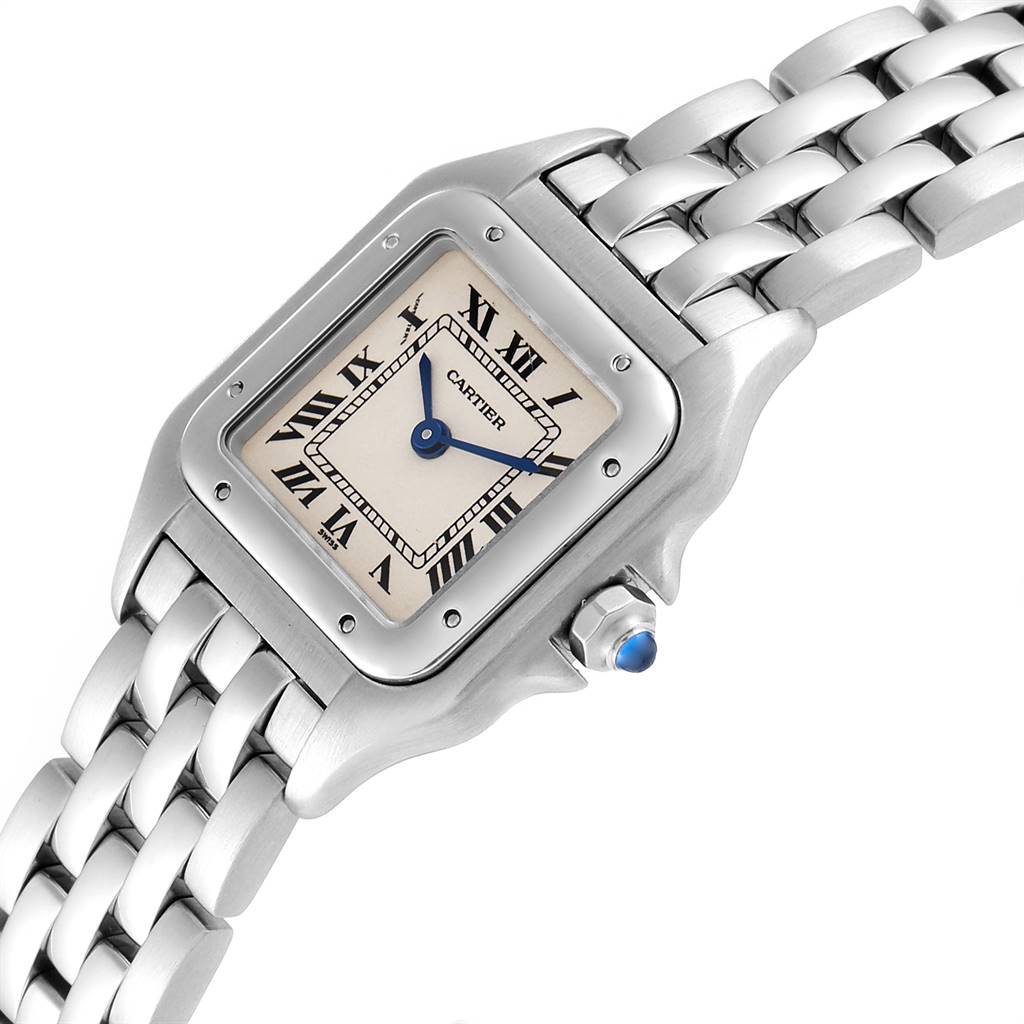 The image shows the face and part of the bracelet of a Cartier Panthere W25033P5 Women
s Stainless Steel Silver Dial W25033P5 Women
s Stainless Steel Silver Dial watch at a slightly tilted angle.
