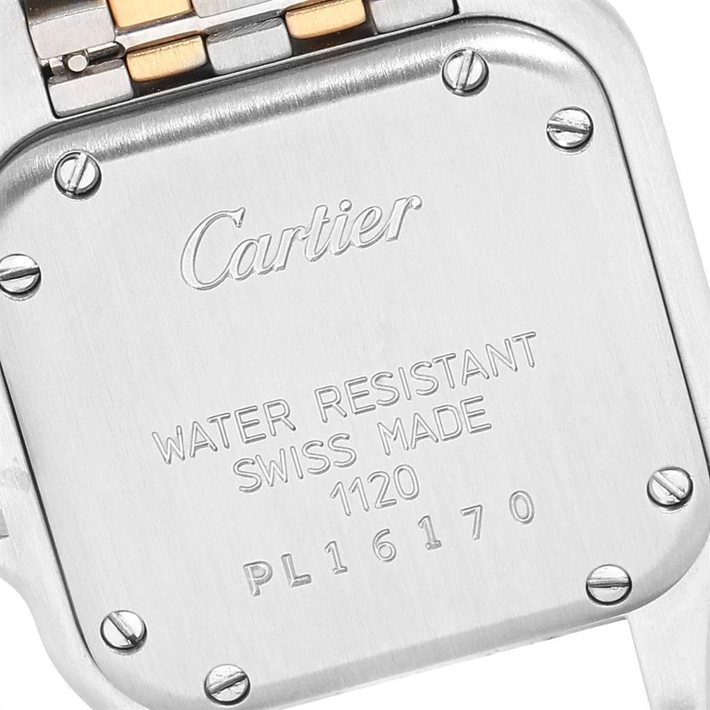 This close-up shows the back case and part of the bracelet of a Cartier Panthere W25029B6 Women's Stainless Steel Beige Dial W25029B6 Women's Stainless Steel Beige Dial watch, displaying the brand's engraving.