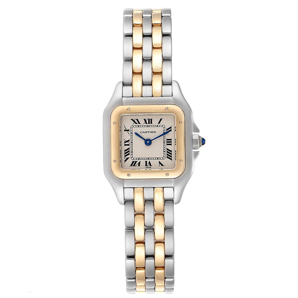 The image shows a front view of the Cartier Panthere W25029B6 Women's Stainless Steel Beige Dial W25029B6 Women's Stainless Steel Beige Dial model watch, highlighting its two-tone bracelet and square dial.