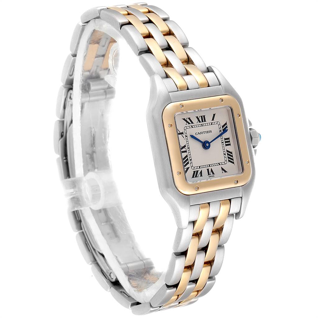 The image shows a Cartier Panthere W25029B6 Women's Stainless Steel Beige Dial W25029B6 Women's Stainless Steel Beige Dial watch from a side angle, highlighting its two-tone band and square face with Roman numerals.