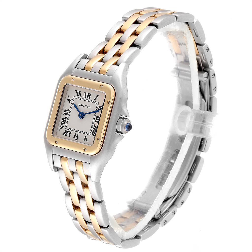 This image shows a Cartier Panthère watch from a right-front angle, highlighting its face, bezel, and two-tone bracelet.