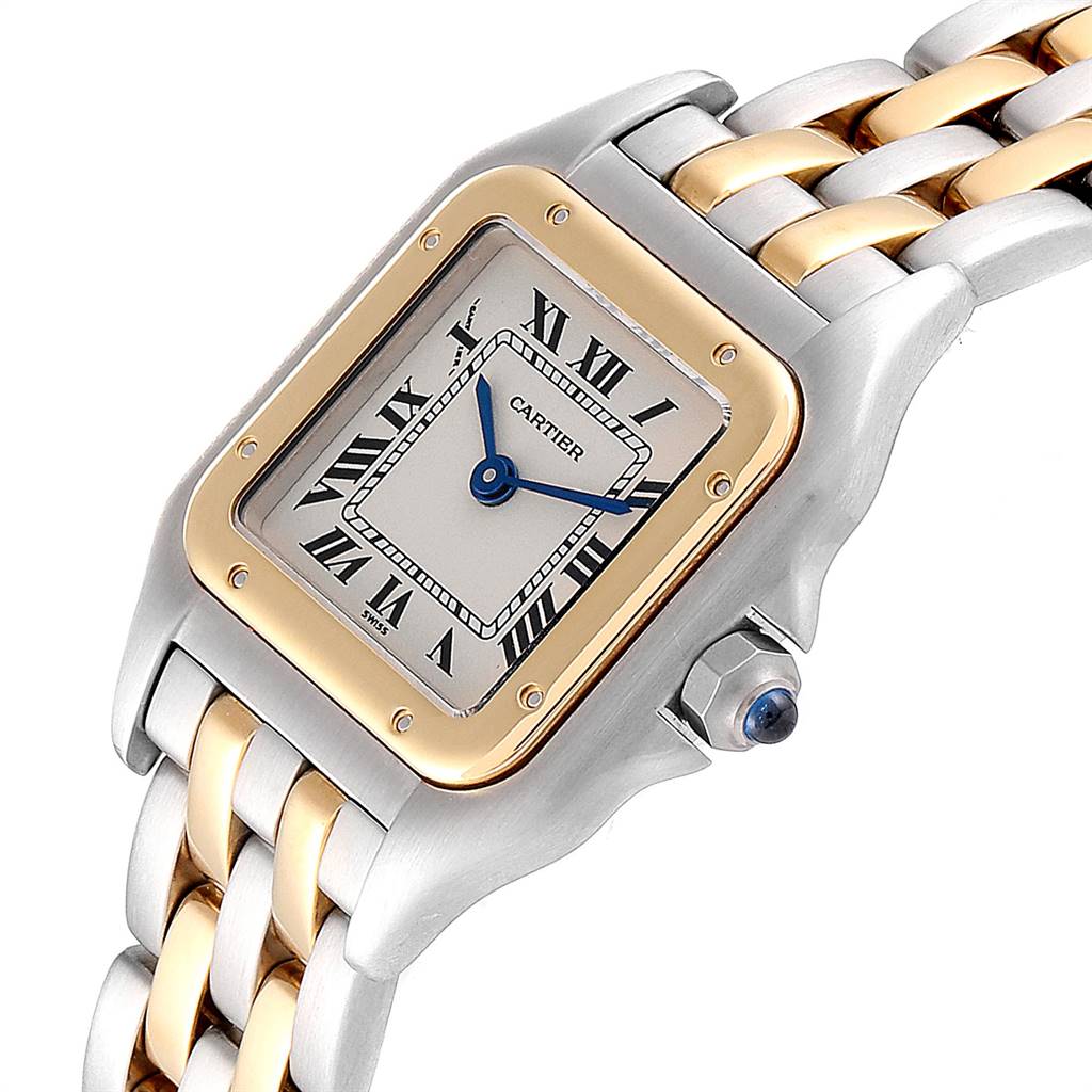 The image shows a close-up angle of a Cartier Panthere W25029B6 Women's Stainless Steel Beige Dial W25029B6 Women's Stainless Steel Beige Dial watch, highlighting its face, bezel, and part of the two-tone bracelet.
