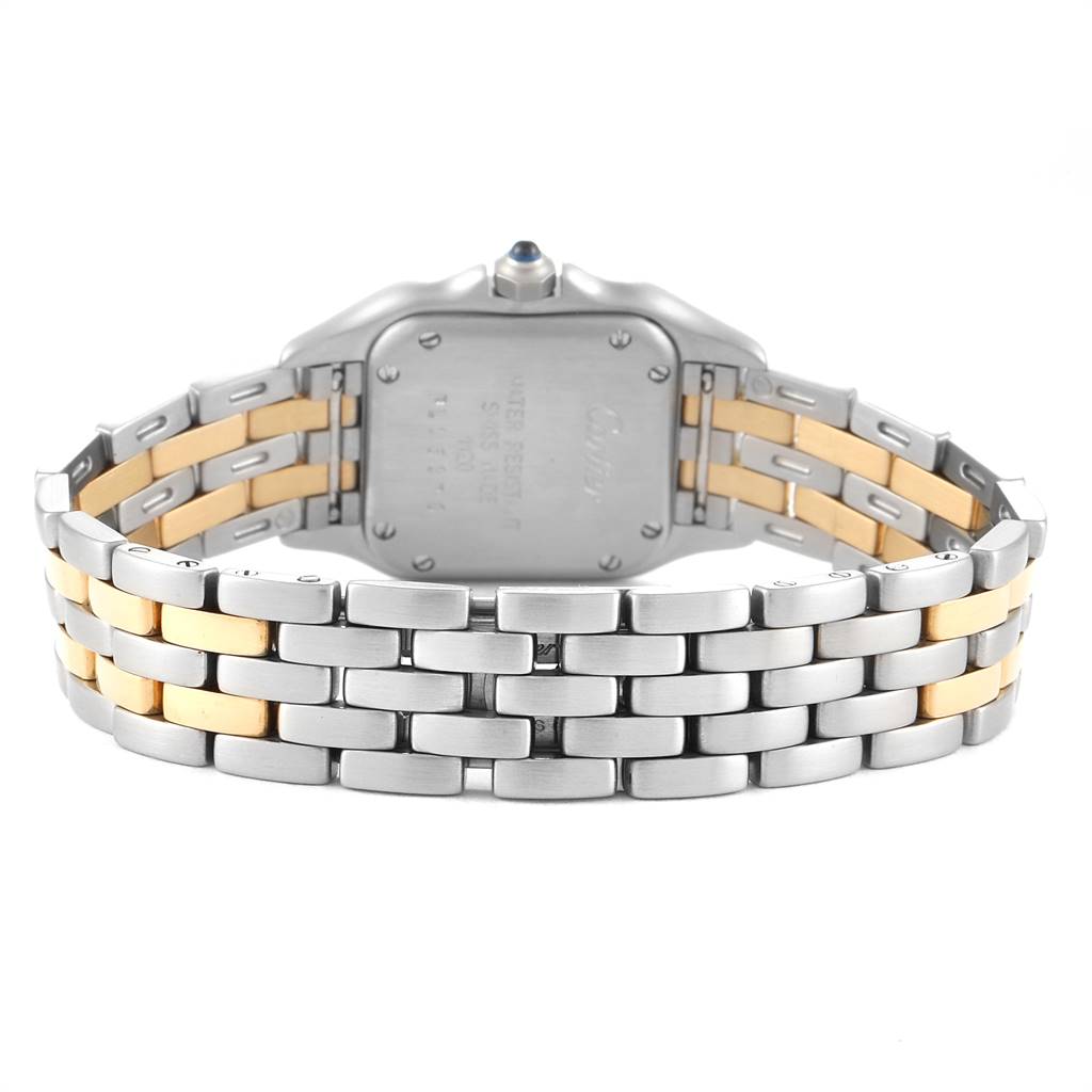 The image shows the back view of a Cartier Panthere W25029B6 Women's Stainless Steel Beige Dial W25029B6 Women's Stainless Steel Beige Dial watch, highlighting the two-tone bracelet and case back.