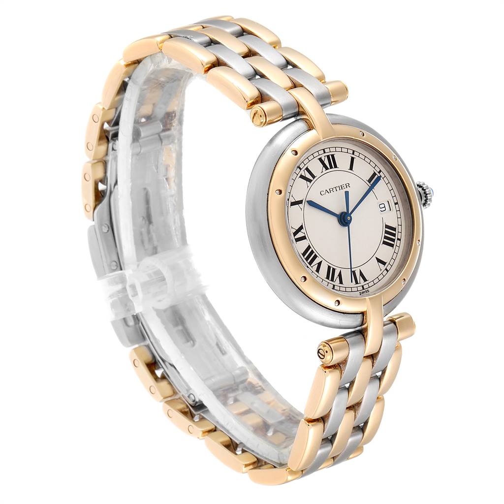 The image shows a Cartier Vendome 183964 Women's Steel and Gold (two tone) Silver Dial 183964 Women's Steel and Gold (two tone) Silver Dial watch at a three-quarter view, highlighting its round face, Roman numerals, and metal bracelet.