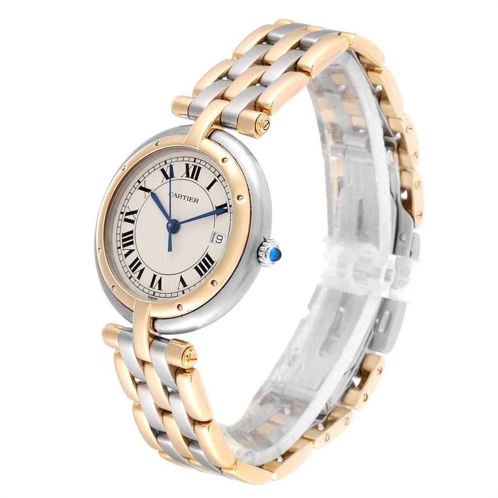 This image shows a Vendome model by Cartier at a three-quarter angle, highlighting the face, bezel, bracelet, and crown.