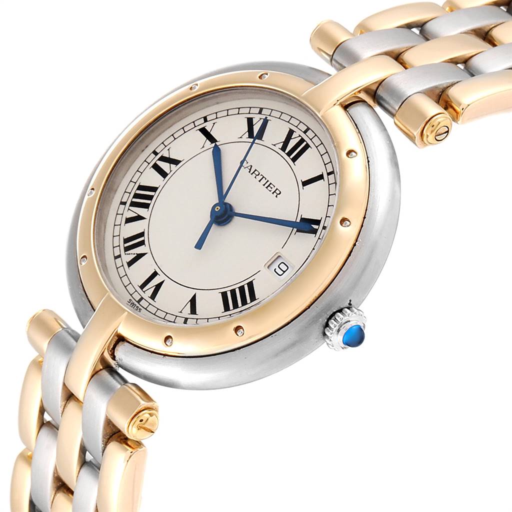 The Cartier Vendome 183964 Women's Steel and Gold (two tone) Silver Dial 183964 Women's Steel and Gold (two tone) Silver Dial model watch is shown at an angle displaying its dial, bezel, crown, and part of the metal bracelet.