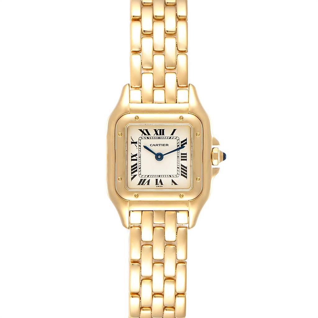 The image shows a front view of a Cartier Panthere W25022B9 Women's Yellow Gold Silver Dial W25022B9 Women's Yellow Gold Silver Dial model watch, highlighting its gold bracelet and square face with Roman numerals.