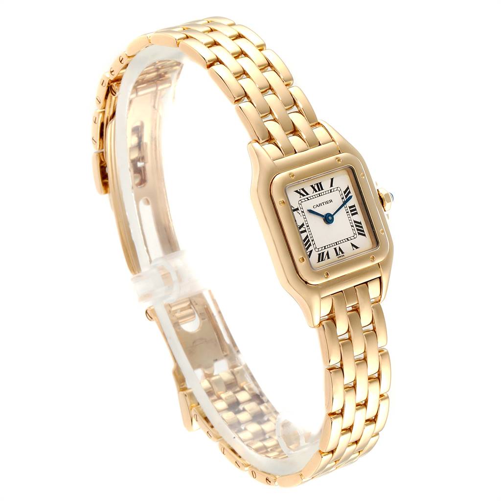 The image shows a side angle of a gold Cartier Panthere W25022B9 Women's Yellow Gold Silver Dial W25022B9 Women's Yellow Gold Silver Dial watch, highlighting its bracelet, case, and front dial with Roman numerals.