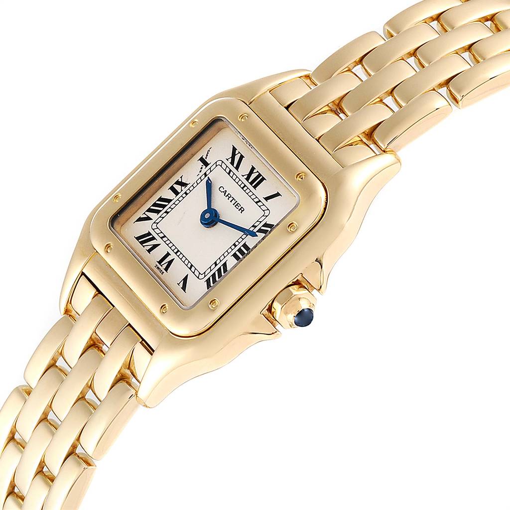 The image shows a close-up side angle of the Cartier Panthere W25022B9 Women's Yellow Gold Silver Dial W25022B9 Women's Yellow Gold Silver Dial watch, highlighting its face, bracelet, and crown.